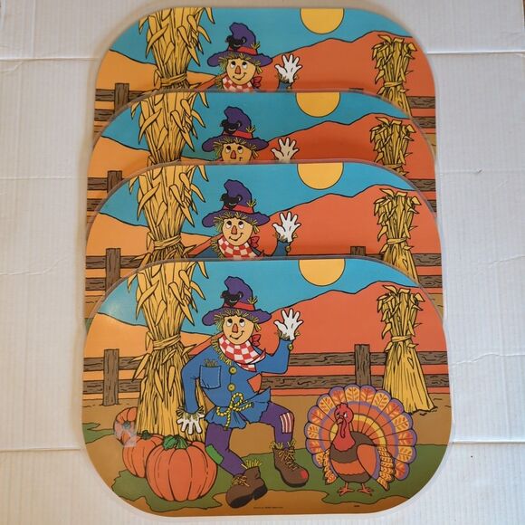 Vintage B of A 4 Reversible Placemats Jack O Lantern Pumpkins Scarecrow Set 4 - Picture 1 of 7